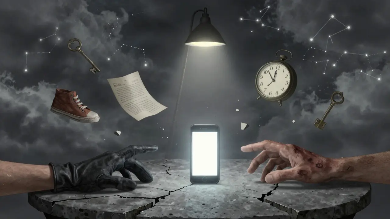 Tři ruce se táhnou po telefonu, kolem nich symboly útěku: klíč, botička, dokument.