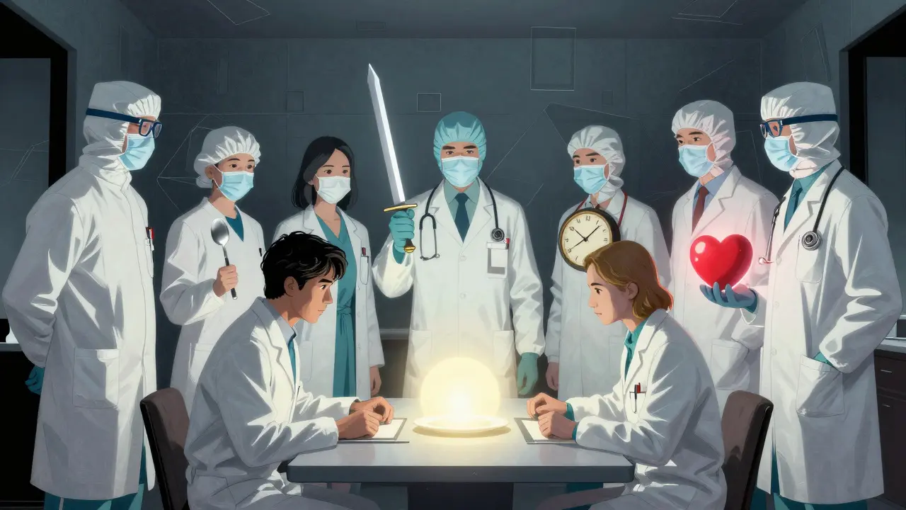 Tým lékařů spolu s pacientem při jídle, symbolické nástroje a geometrické prostředí vyjadřují psychologický boj o překonání anorexie.