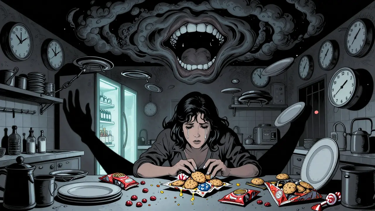 Žena v kuchyni v noci, kolem ní balíčky jídla, stín se mění v křičící ústa.
