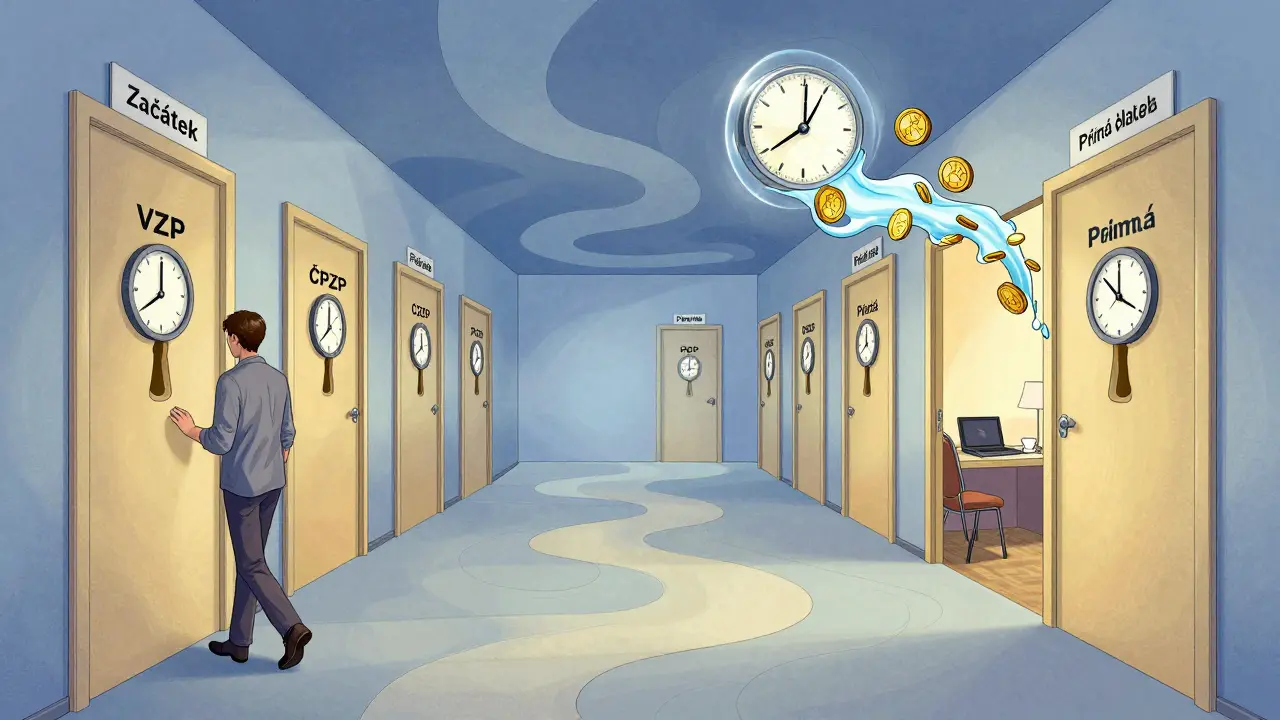 Cesta od pojišťovací podpory k volné volbě soukromé terapie, znázorněná jako symbolický chodba.