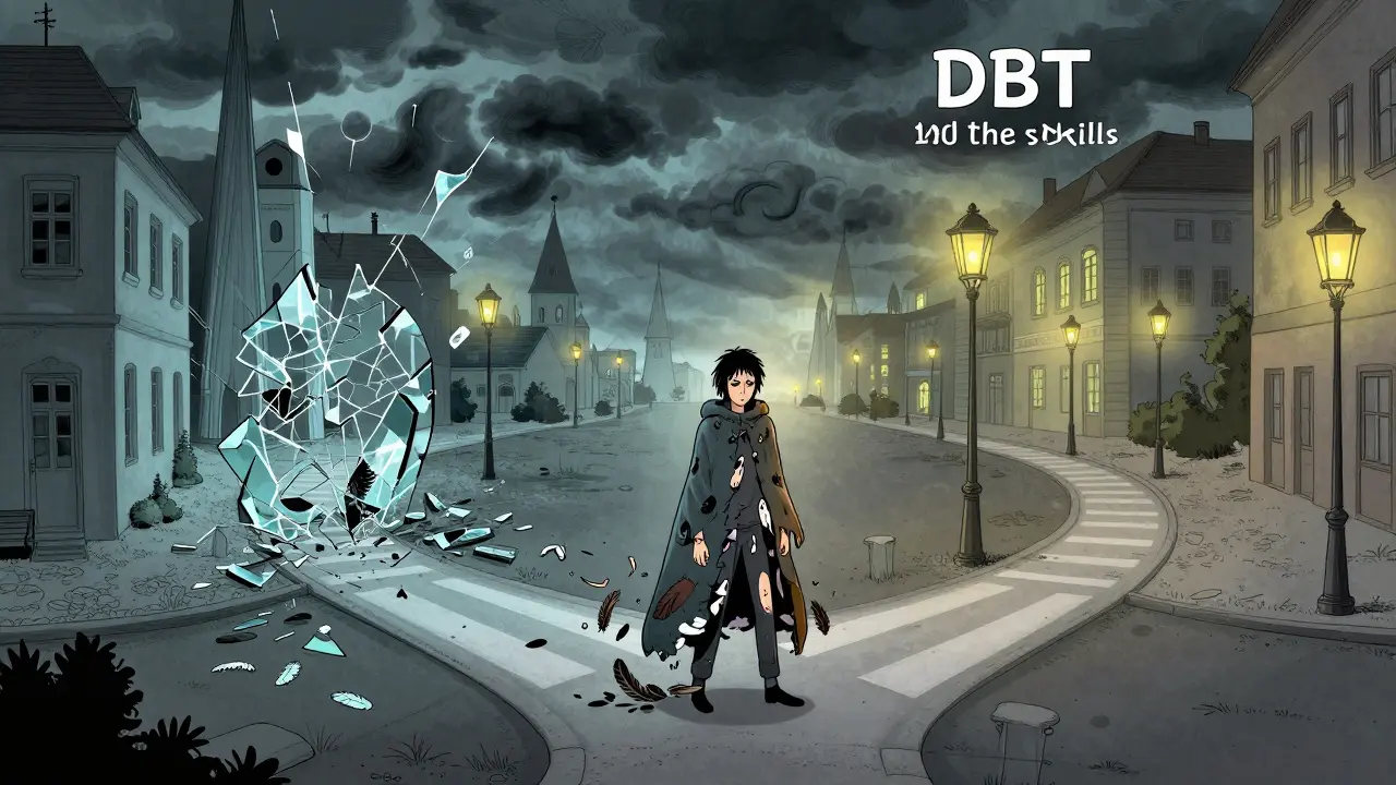 Člověk na křižovatce, jedna cesta zničená, druhá klidná, s výhledem na české terapeutické centrum.