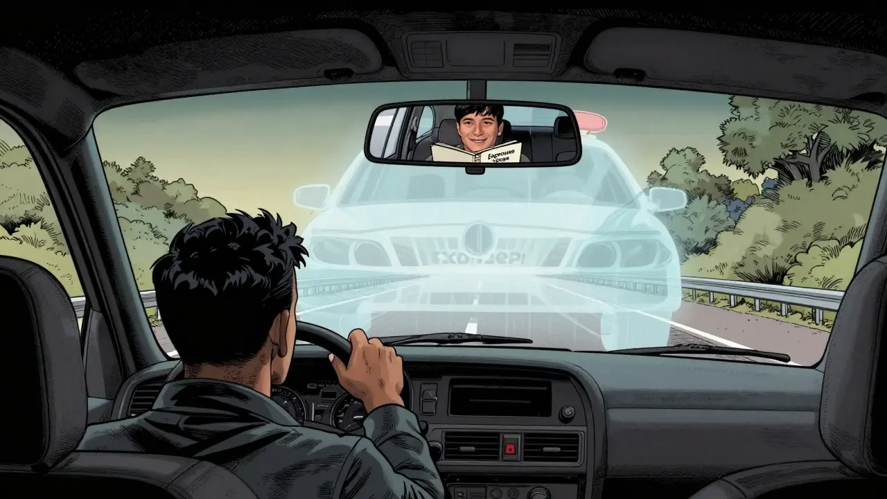 Člověk řídí automobil, kde se strach z policie mění na klidnou sebevědomost.