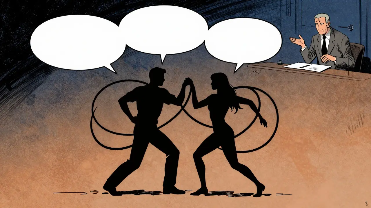 Dva lidé v napětí, jejich komunikace se zkroutí do uzlů, terapeut pozoruje z výšky, znázorňující párovou terapii.