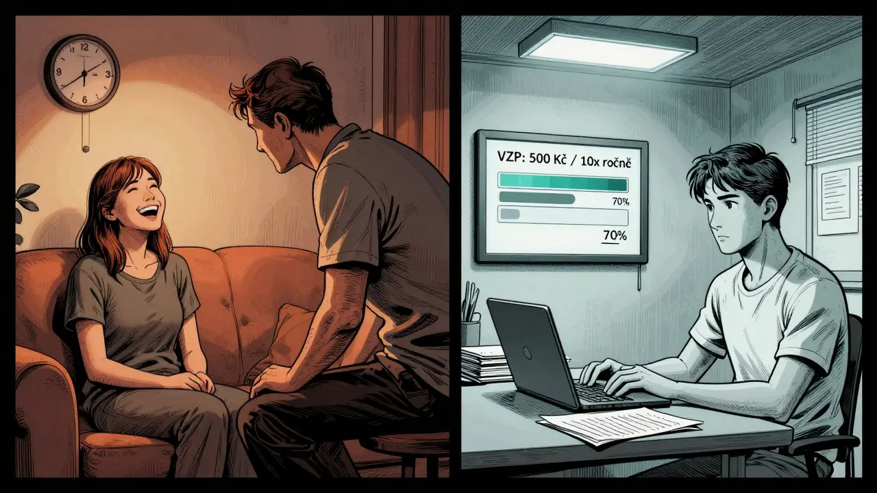 Dvě protikladné terapeutické schůzky: jedna osobní a teplá, druhá formální a mechanická.