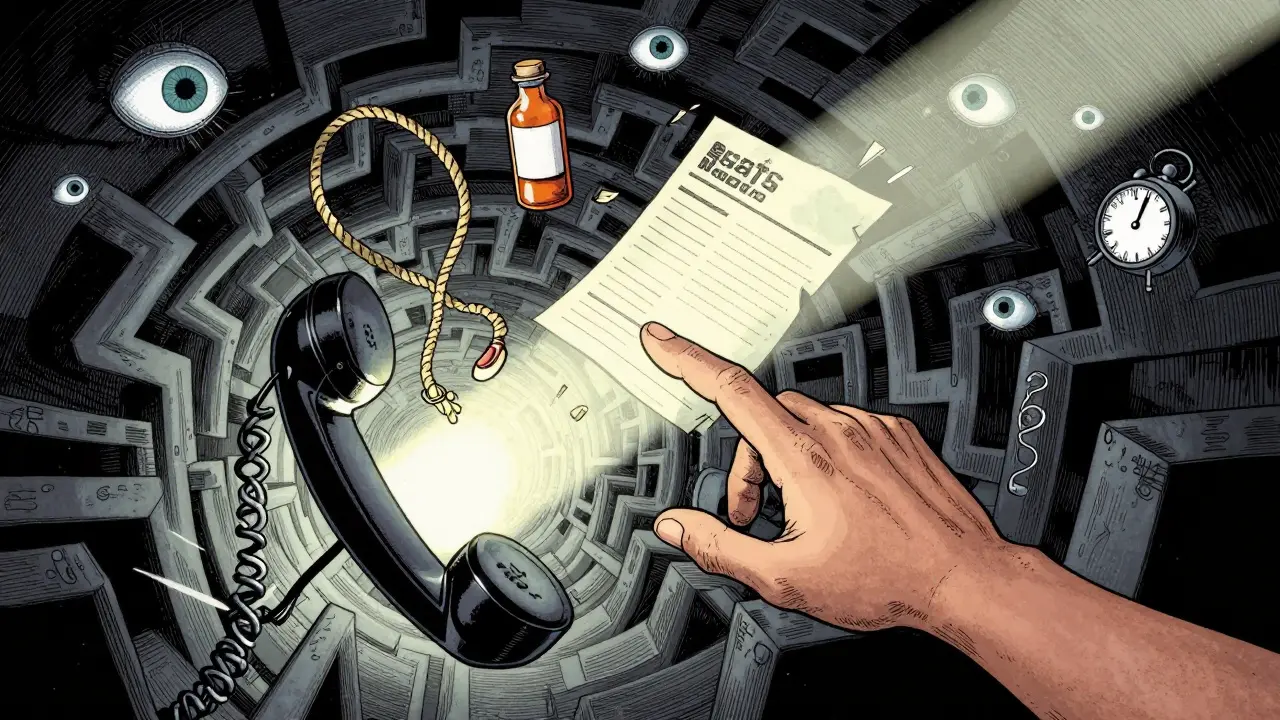 Hand reaching for phone amid floating symbols of crisis, in a twisted labyrinth of shadows and light.