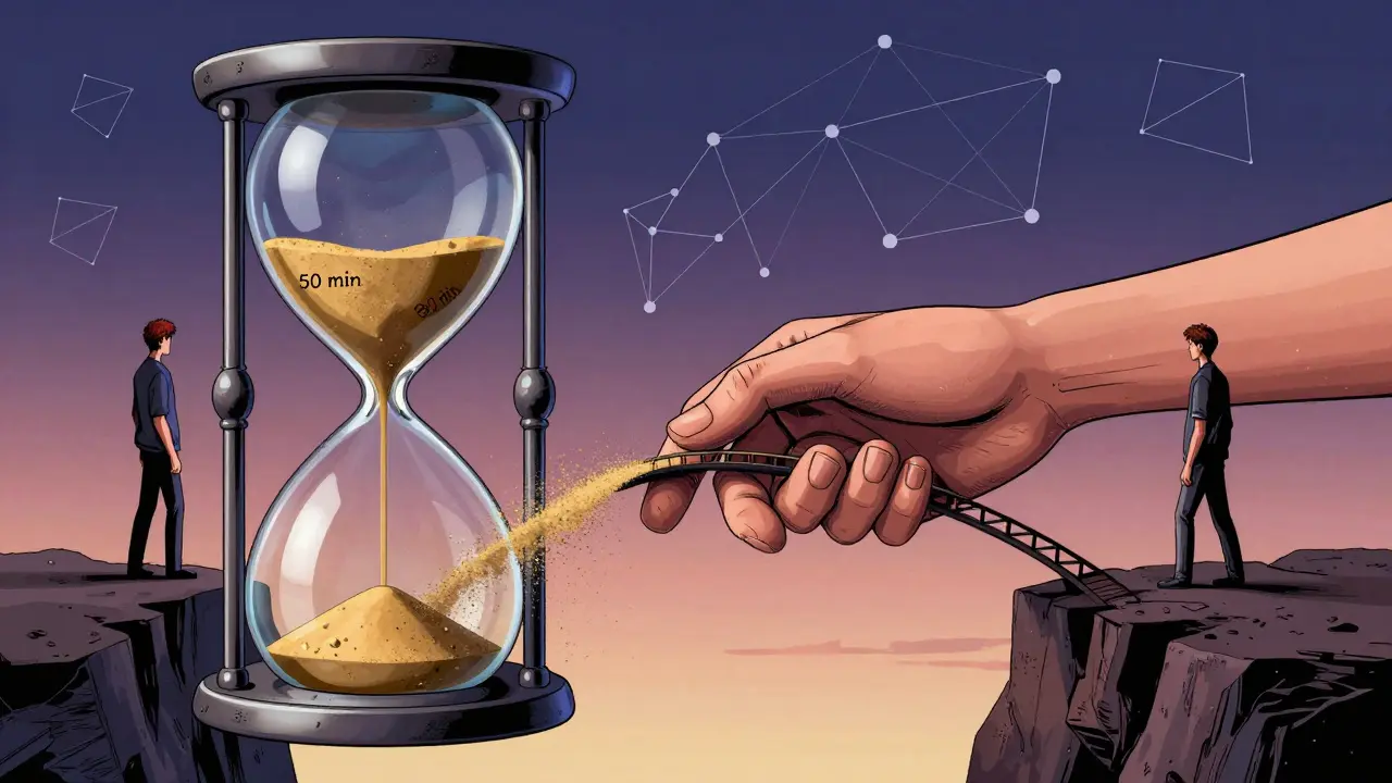 Hodiny písku se mění v ruce, které tvoří most mezi dvěma lidmi, symbolizující 90 minut terapie.