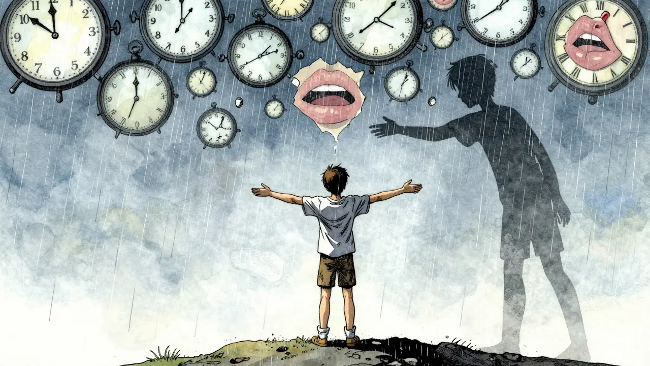 Osoba stojí v prázdné krajince, dešťové kapky stoupají nahoru, za ní se táhne stín jejího dětského sebe.