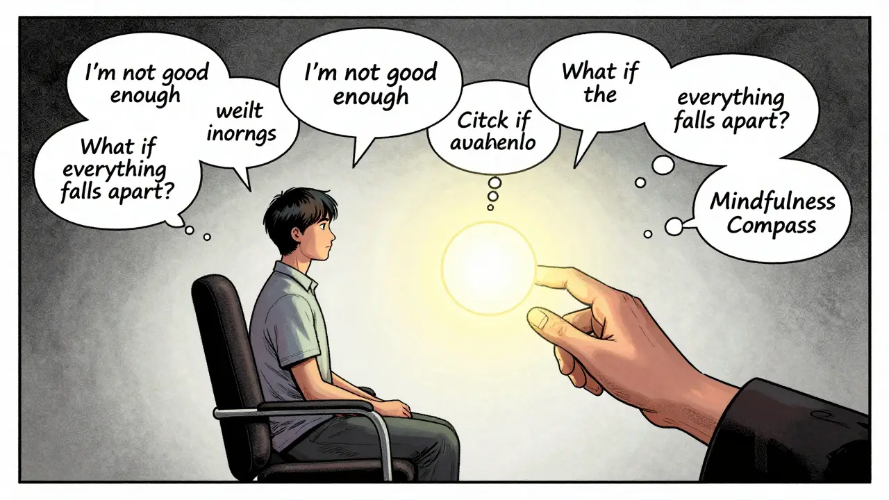 Pacient v terapii s myšlenkovými bublinami, které terapeut pomáhá přesměrovat k klidu.