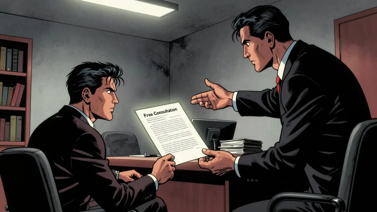 Příjemce právní rady sedí u advokáta, který mu nabízí smlouvu za zlatou hodinou bezplatné konzultace.