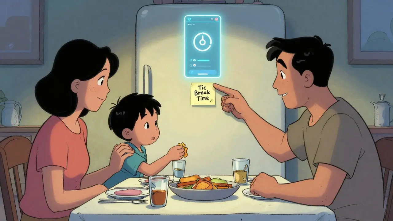 Rodina během večeře klidně reaguje na tik dítěte, s vizuálními nápovědami v pozadí jako symbol podpory.