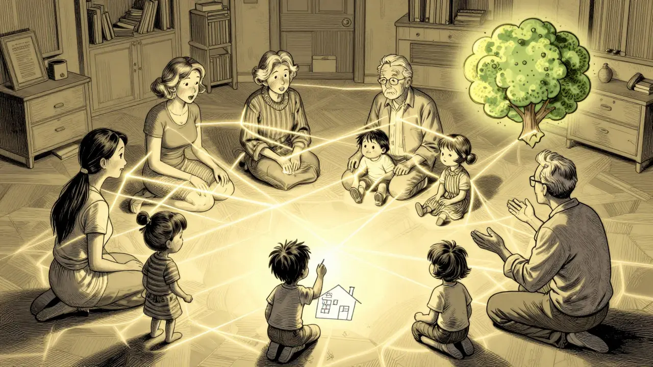 Rodina spojená světlými nitkami, dítě kreslí, terapeut vede rozhovor, znázorňující rodinnou terapii.