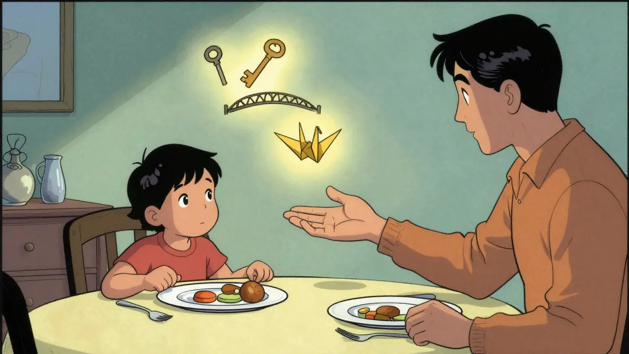 Rodina večer u večeře, rodič klidně podporuje dítě bez slov, nad nimi plavou symboly důvěry.