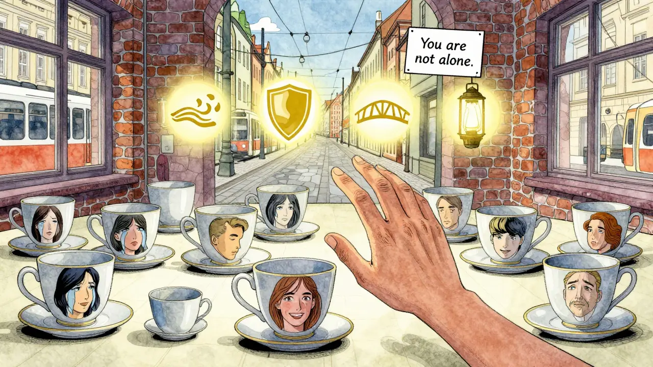 Ruka táhne k tečce, v každé čajové šálce odraz jiného člověka, nad nimi plavou symboly DBT dovedností.