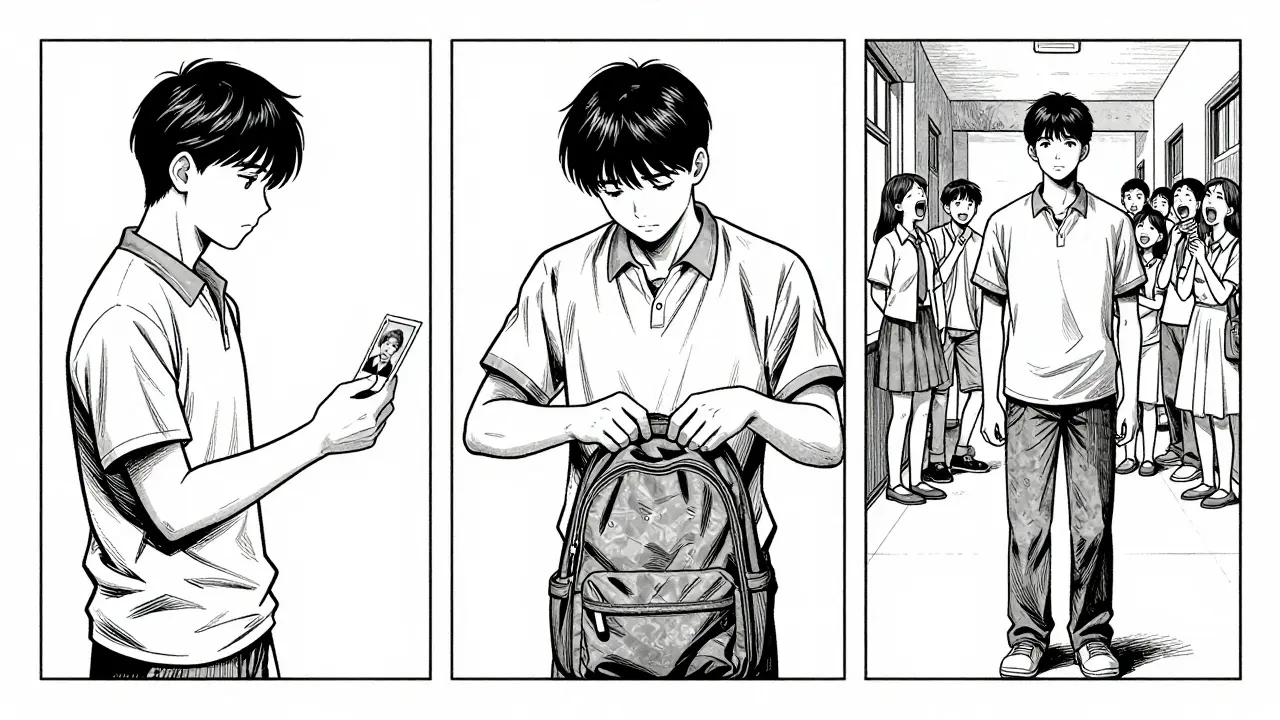 Teen silently giving away personal items while others laugh in background, showing hidden distress.