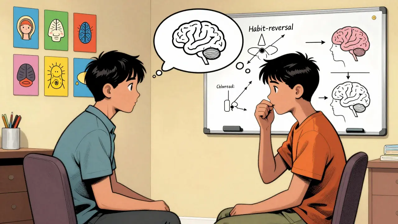 Terapeut a adolescent společně používají barevné karty a diagramy k tréninku náhradních reakcí.