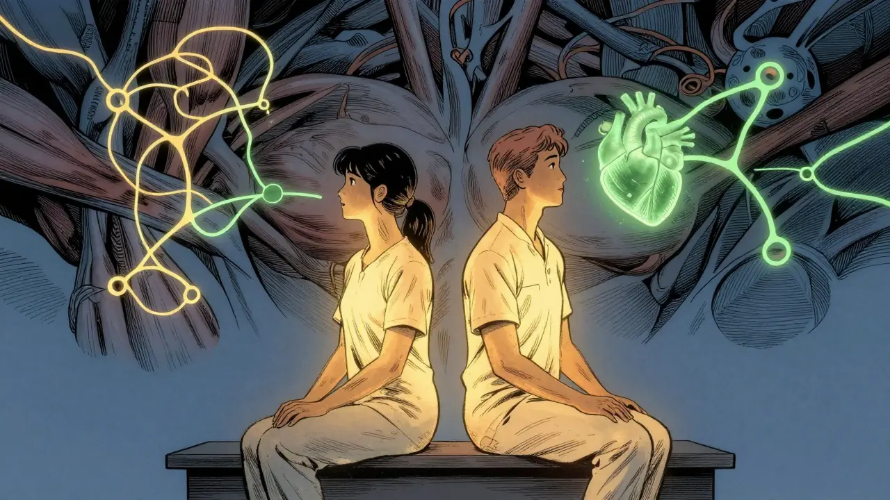 Terapeut a klient sedí vedle sebe, kolem nich plavou nervové cesty a svalové napětí v teplých odstínech.