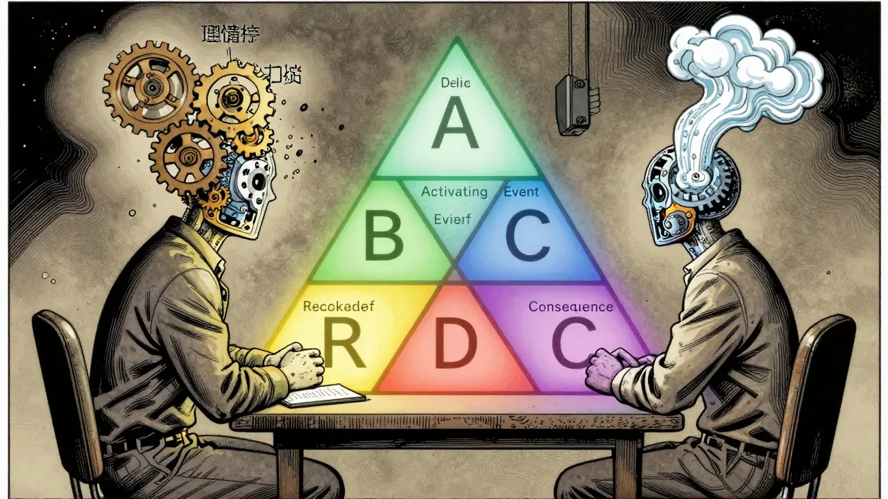 Terapeut a klient u stolu tvaru ABC modelu s vnitřními mechanizmy myšlenek.