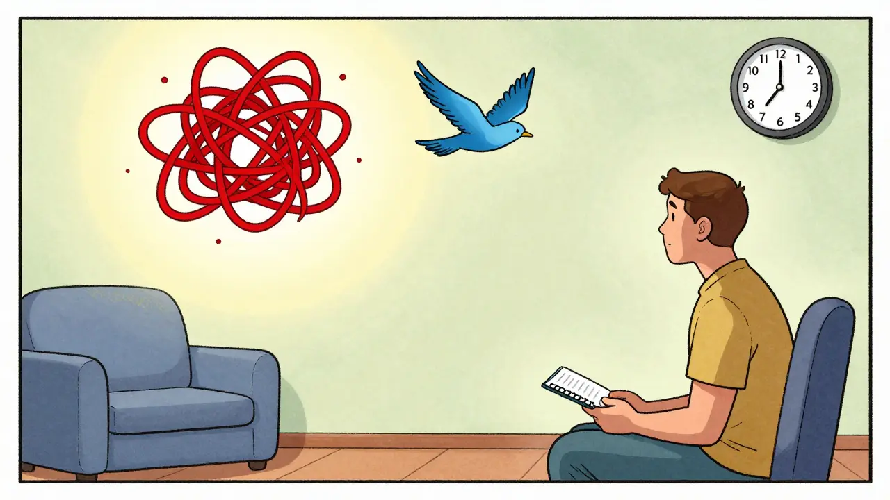 Terapeut a rodič během rodičovského sezení, kolem nich plavou emocionální symboly.