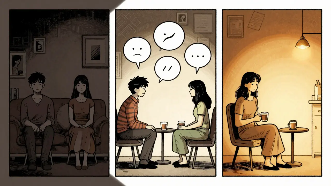 Tři panely ukazují pár: nejprve ticho, pak emoce v terapii, nakonec klidné kávové setkání.