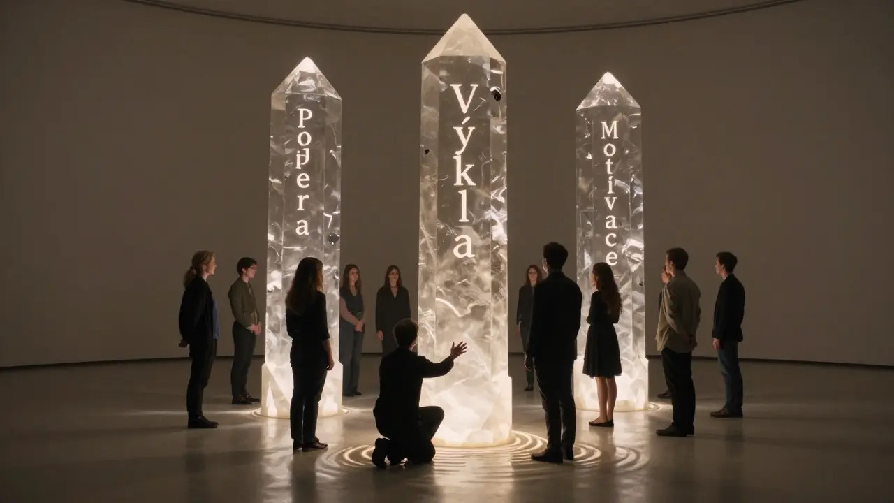 Tři průhledné sloupy s českými popisky symbolizují podporu, výklad a motivaci v terapii.