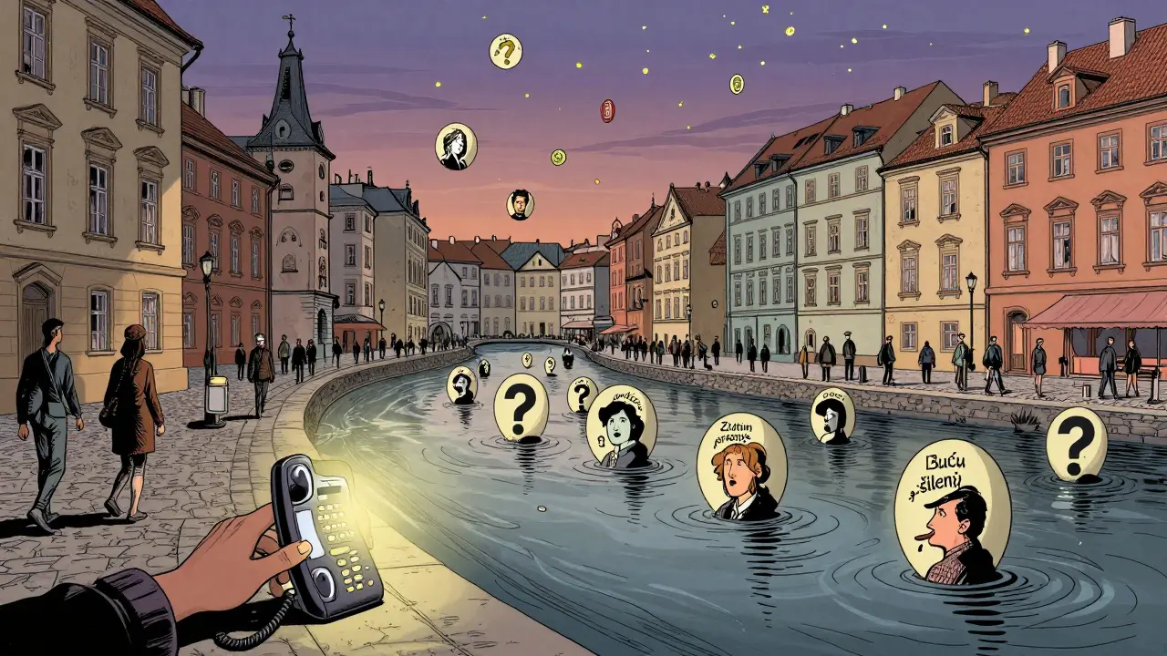 V Praze se ulice promění v řeku otazníků s lidskými strachy, zatímco z ní ruka táhne k osvětlené infolince.