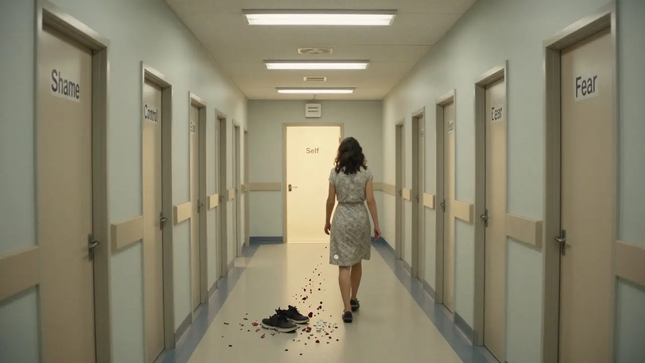 Žena jdoucí dlouhým chodbou s dveřmi označenými emocemi, za ní se rozpadají léky.