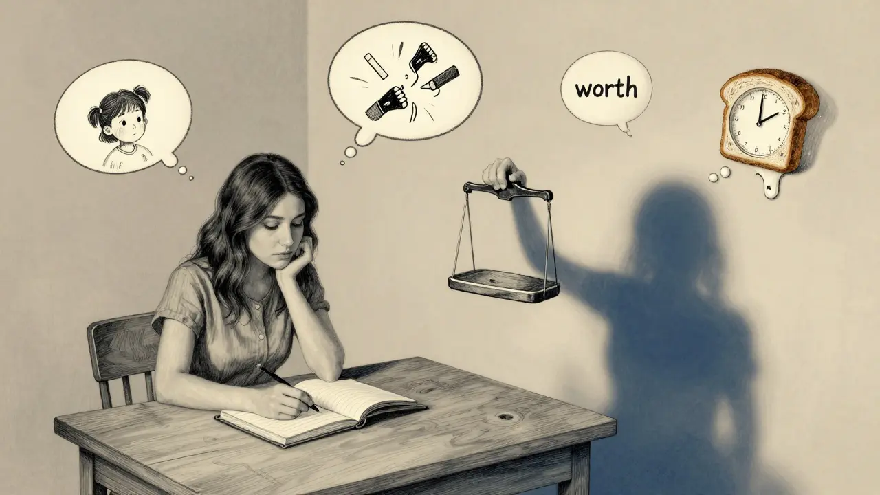 Žena s deníkem, její stín drží váhu s nápisem 'hodnota', kolem ní myšlenky.