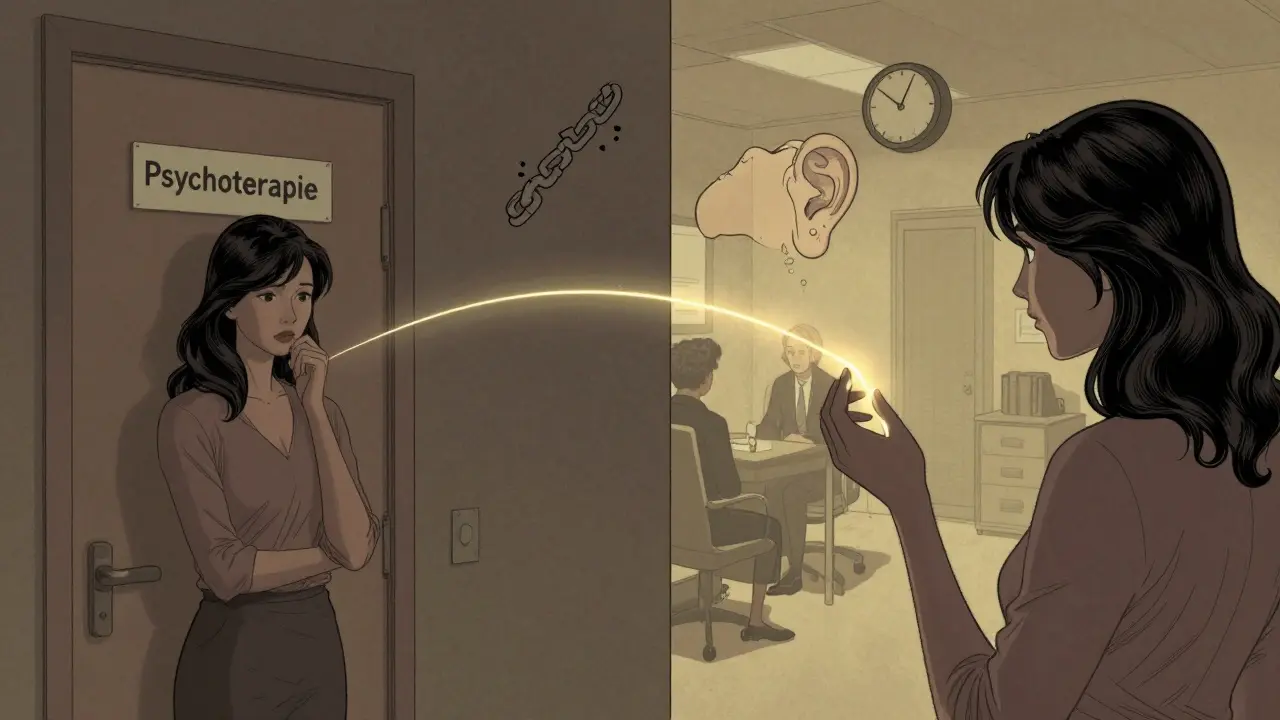Žena se zastaví před dveřmi s nápisem psychoterapie, zatímco její odraz drží zlatou nit spojující s terapeutem.