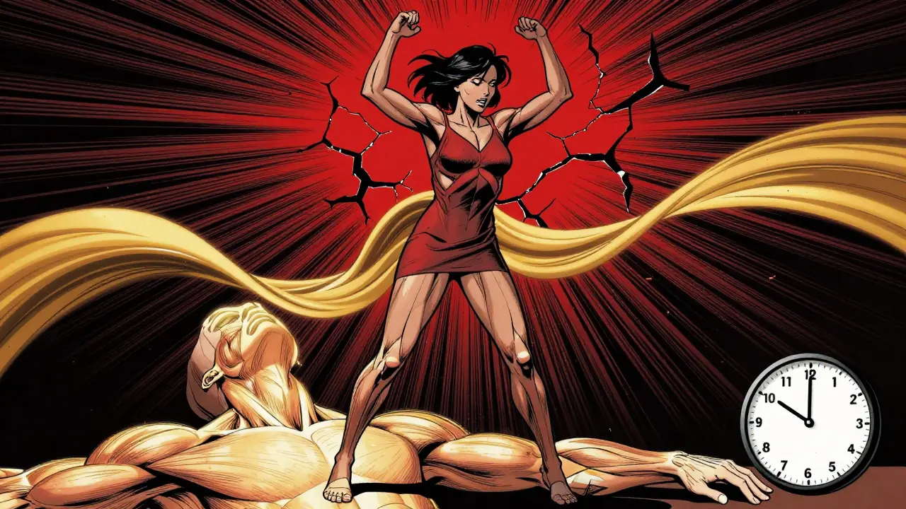 Žena uvolňuje svalové napětí, které se proměňuje v zlaté pásy, symbolizující relaxaci.