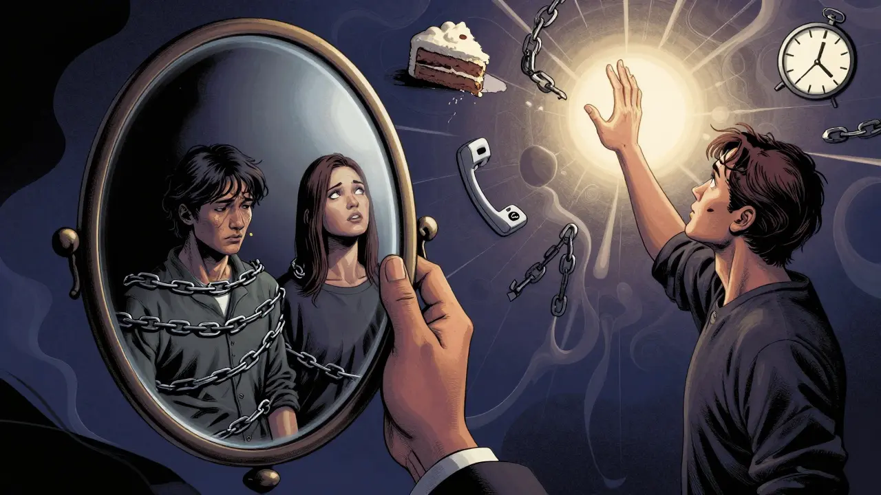 Zrcadlo odrazí dvě verze klienta — jednu zavřenou v návyku, druhou otevřenou k změně.