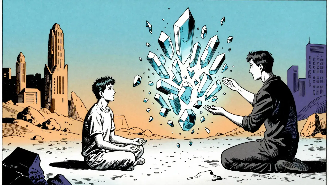 Abstraktní znázornění terapie jako skládání krystalických myšlenek do celku.