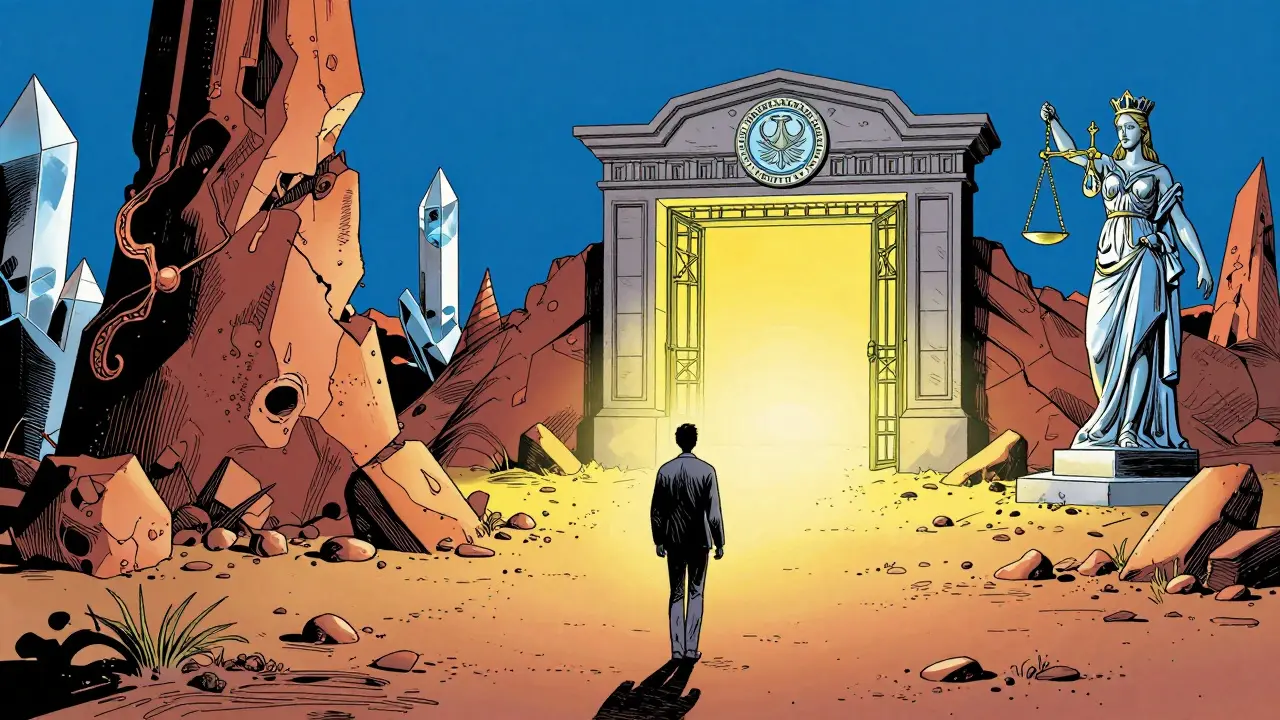 Člověk odchází z toxického vztahu směrem k bezpečí a profesionální etice.