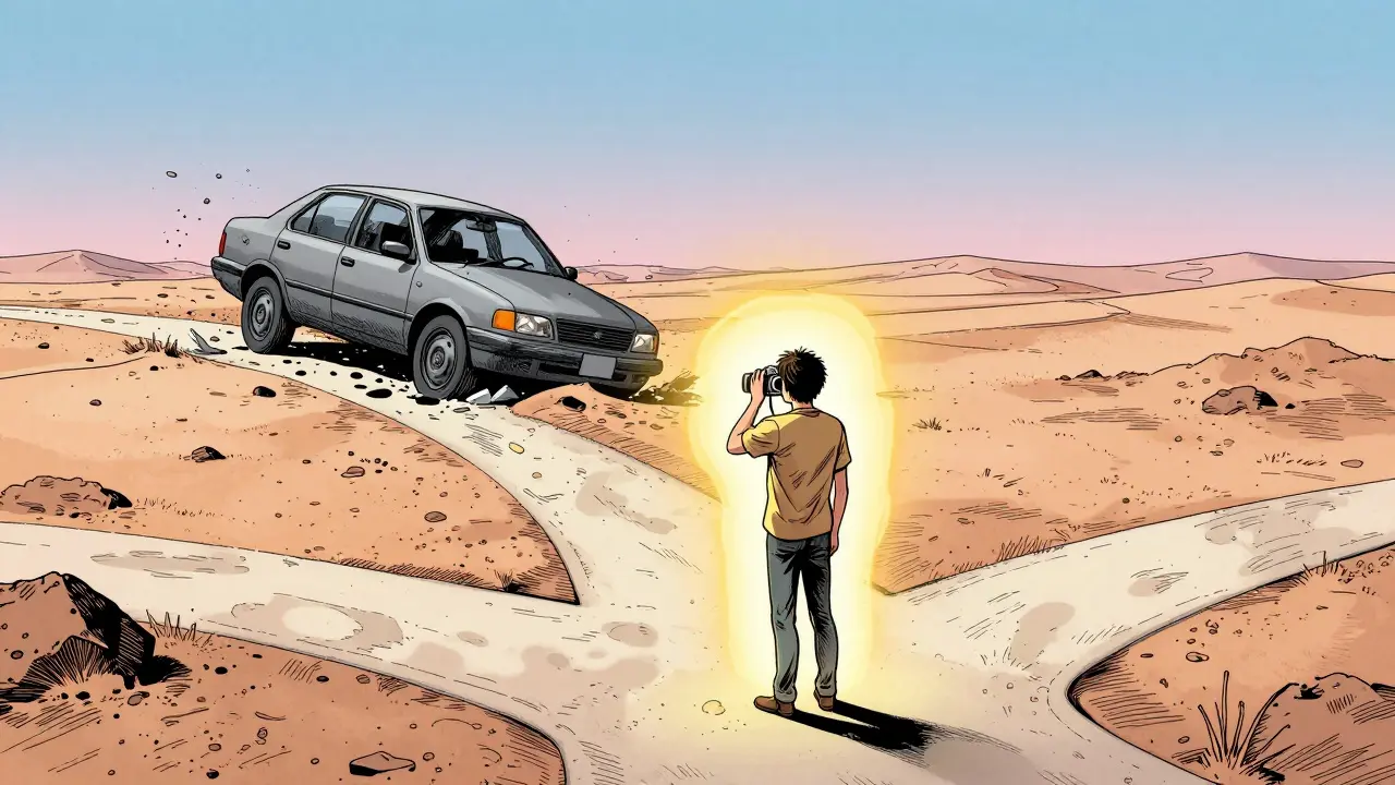 Člověk s fotoaparátem jako zdrojem bezpečí překonává traumata.