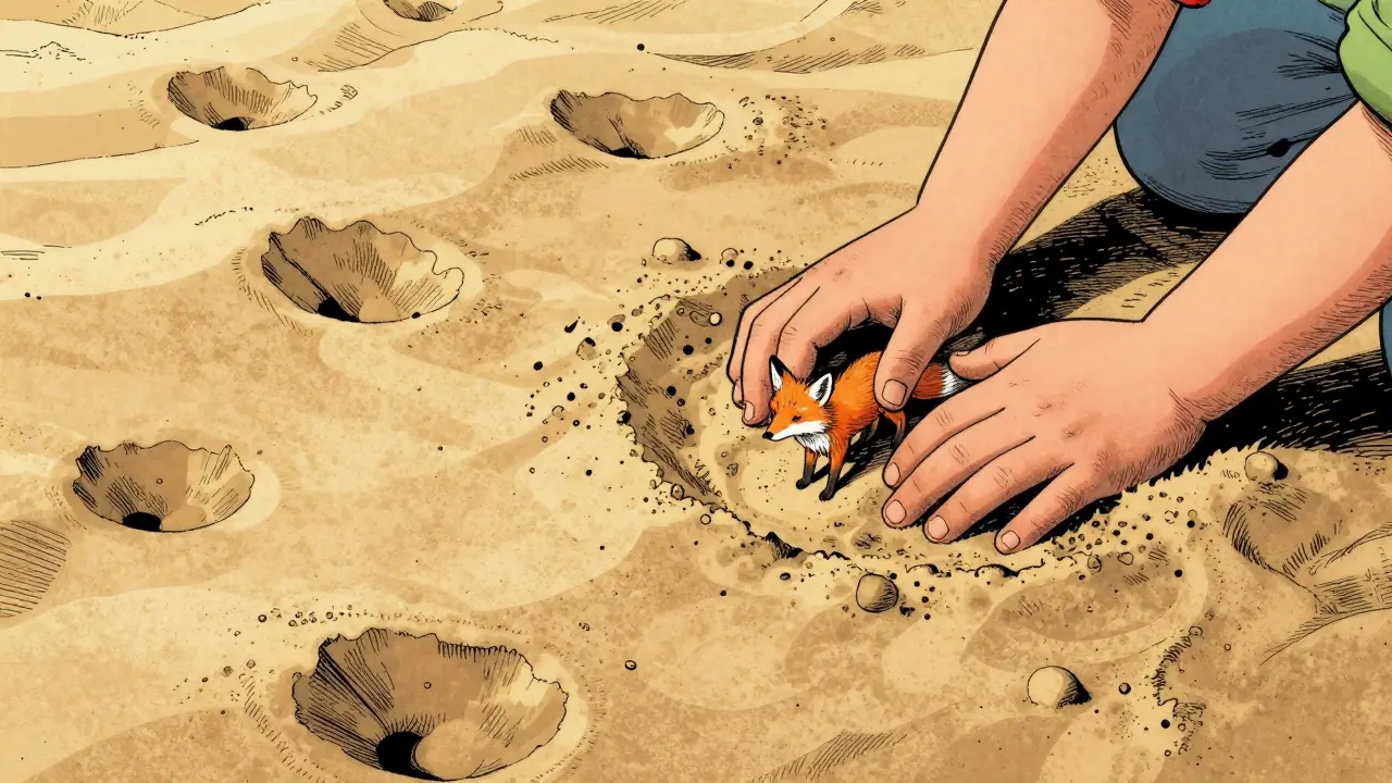 Detail dětských rukou umístějících figurku lišky do písku.