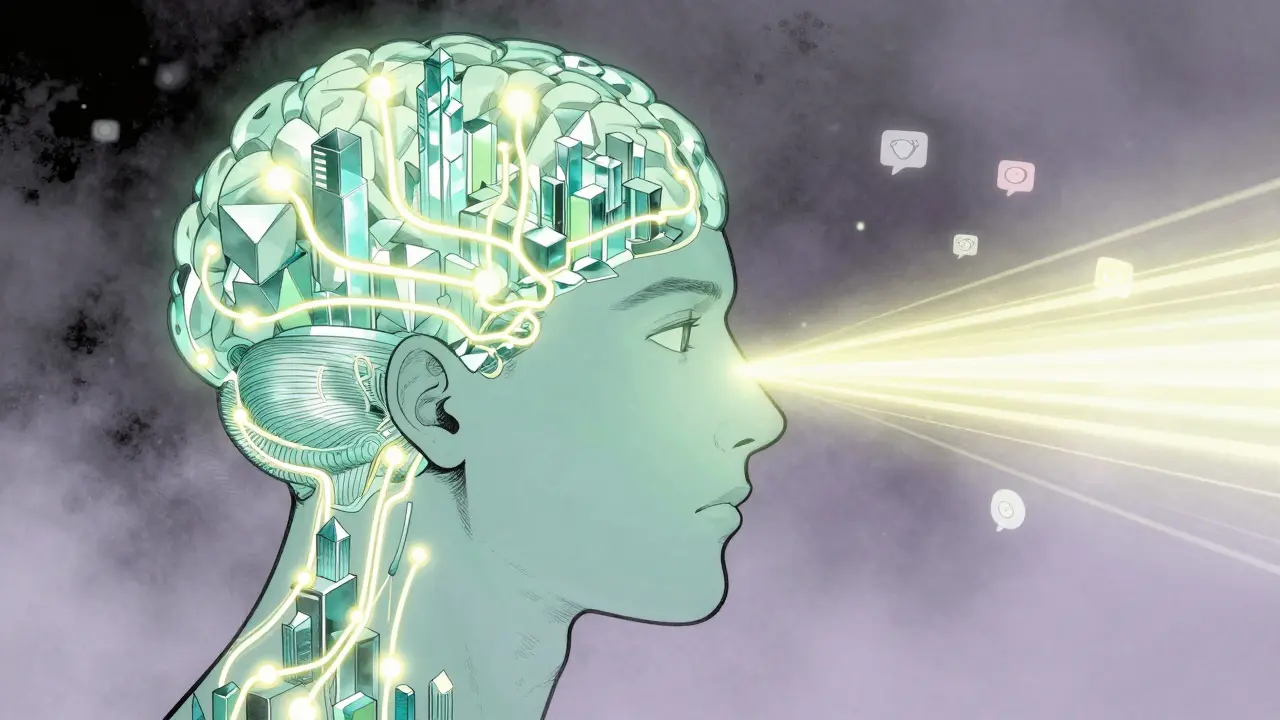 Detail lidské hlavy s mozkem jako krystalickým městem, symbolizující maximální soustředění.