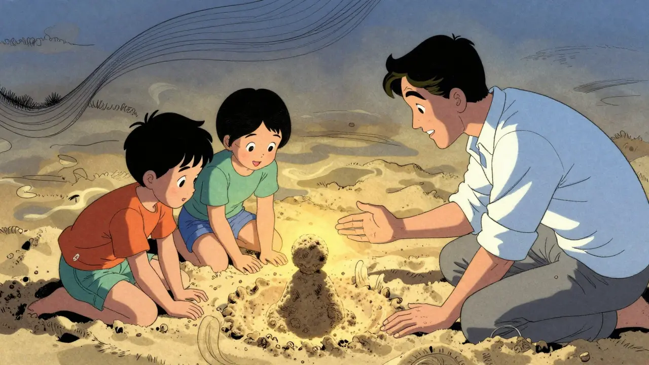 Dítě, rodič a terapeut společně pozorují symbolický svět v písku.