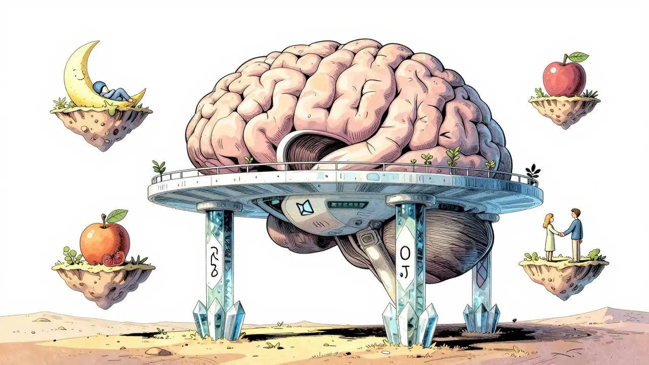 Futuristická stavba symbolizující pilíře psychické odolnosti.