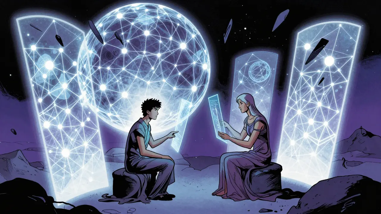 Futuristická terapie chráněná kvantovými štíty v surrealistickém sci-fi stylu.