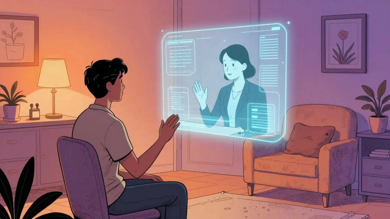 Ilustrace online psychoterapie přes obrazovku v surrealistickém stylu Moebius.