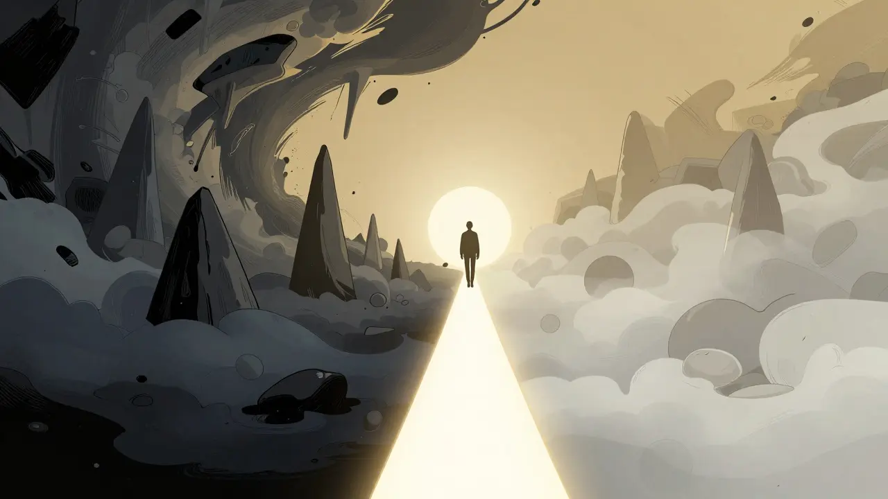 Ilustrace znázorňující kanál flow jako světelný most mezi nudou a úzkostí.