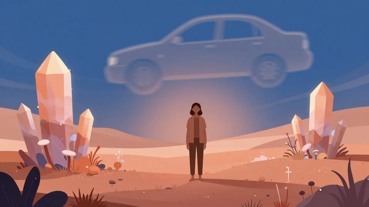 Klidná osoba v surrealistické krajině, ze které se rozpouští stíny minulého traumatu.