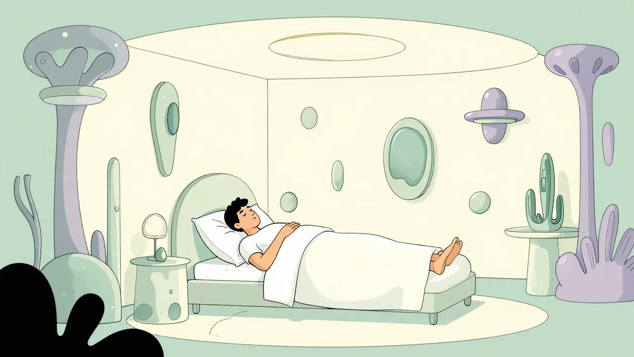 Klidná postava v minimalistickém, organickém interiéru během ranního rituálu.