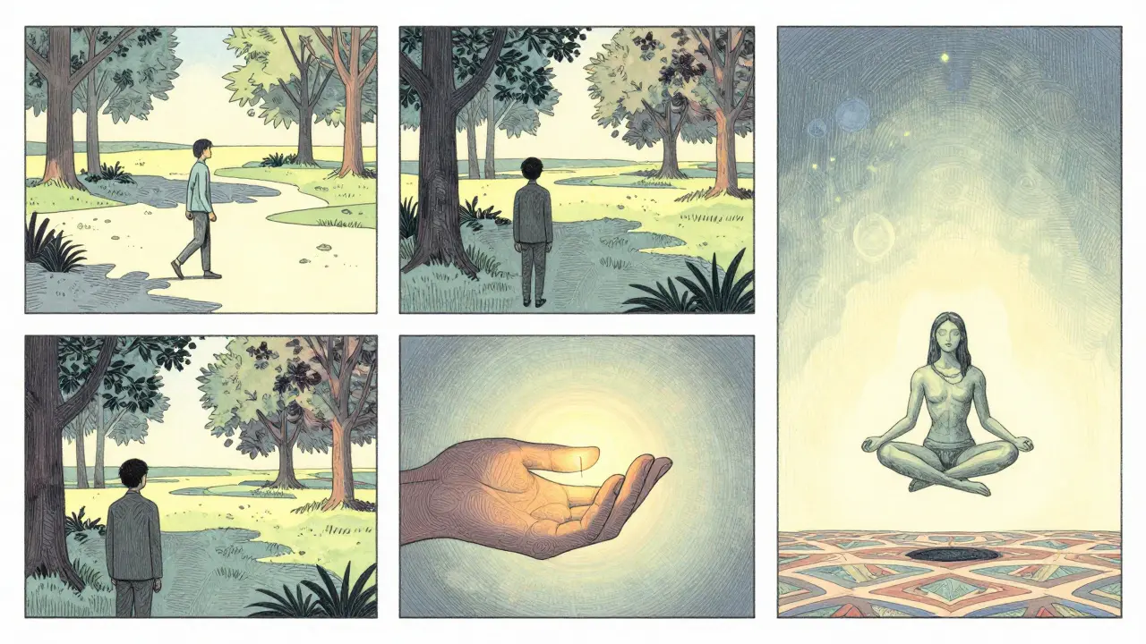 Koláž aktivit jako procházka v parku a meditace v snovém prostředí.