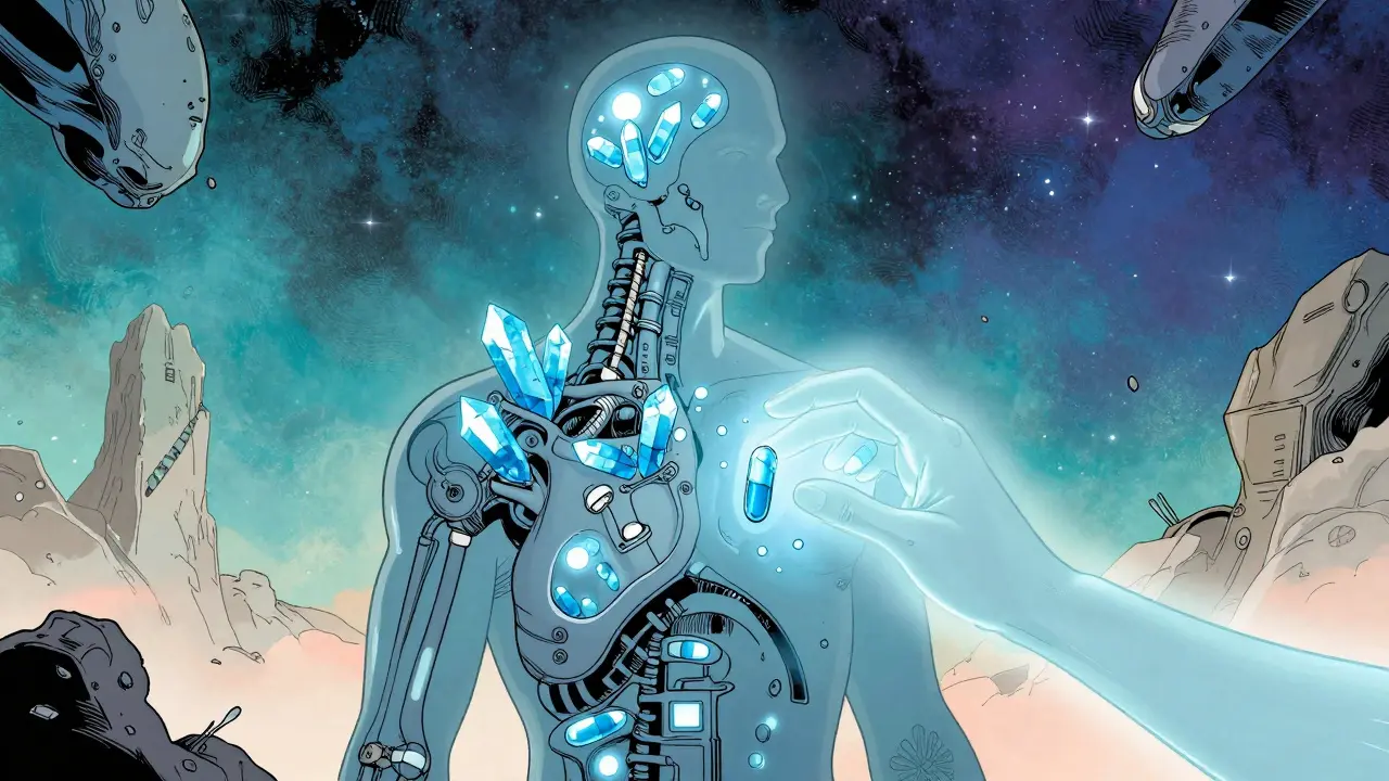 Kombinace léků a psychoterapie znázorněná jako ladění lidského organismu.