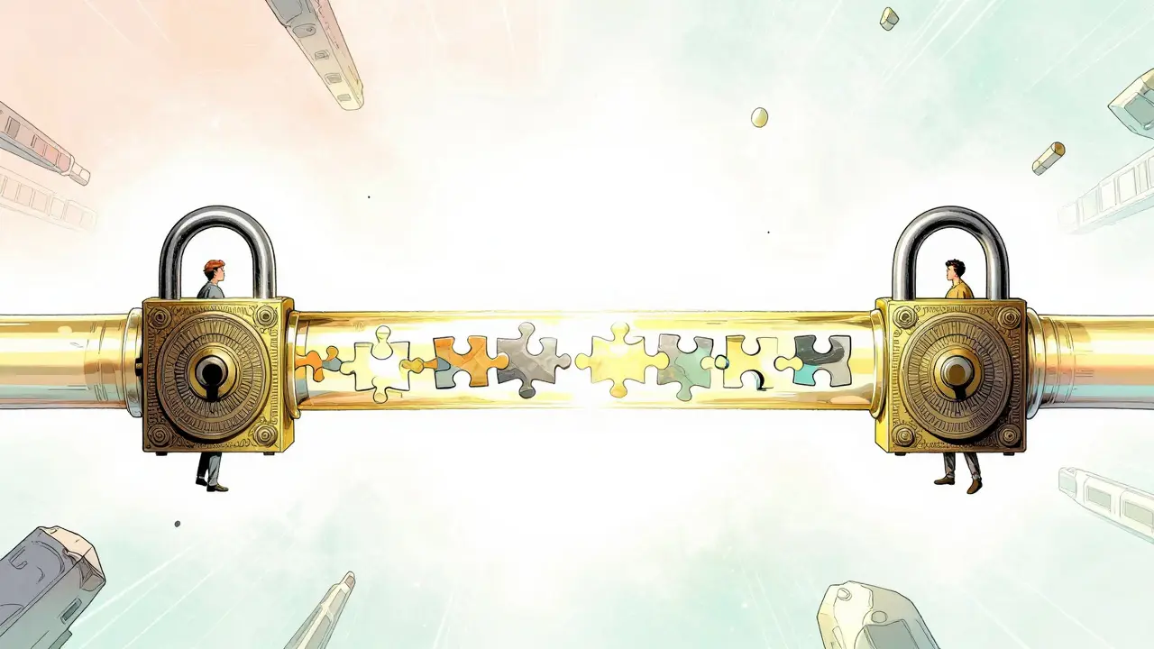 Koncept end-to-end šifrování zobrazený jako zlatá trubice s mechanickými zámky.