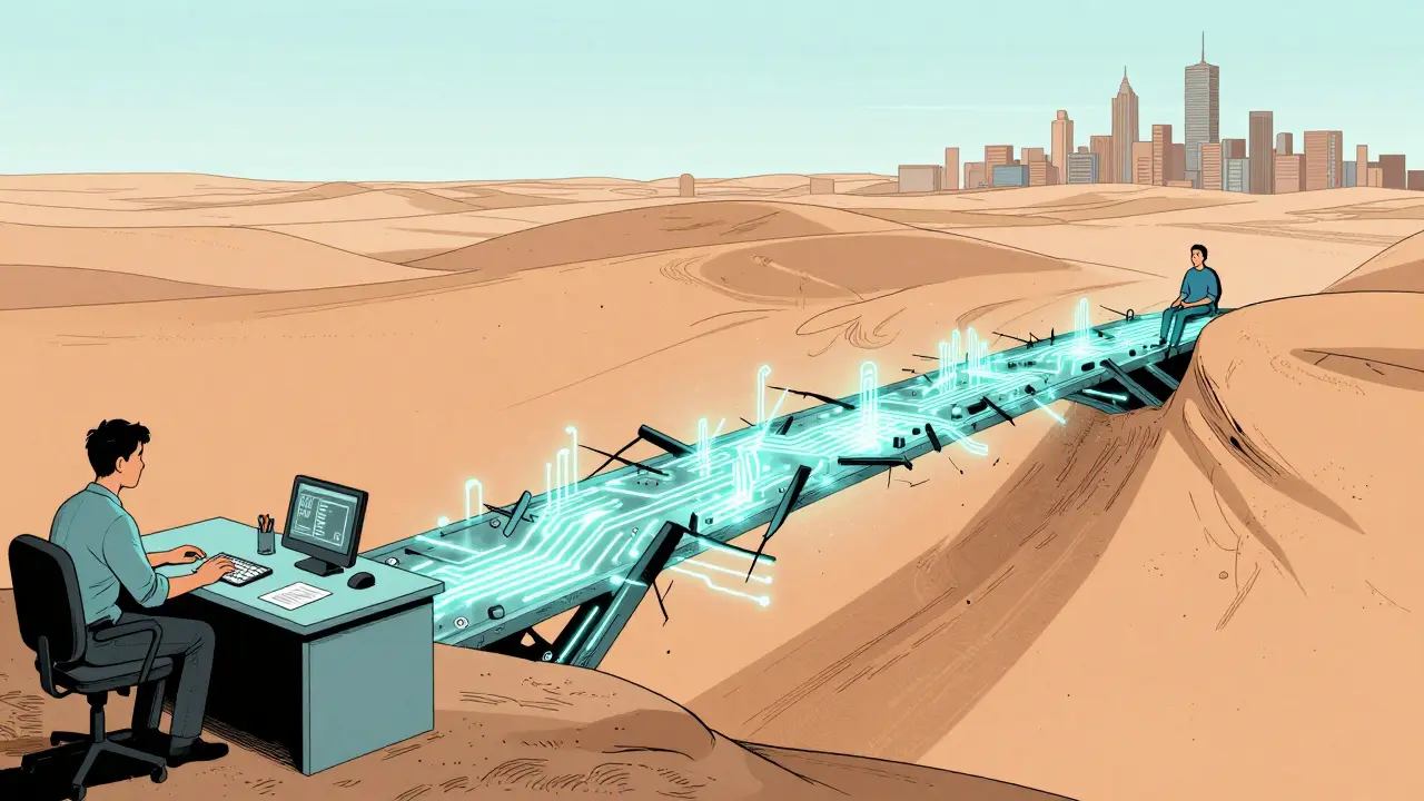 Konceptuální digitální most spojující terapeuta a klienta v surrealistické krajině.