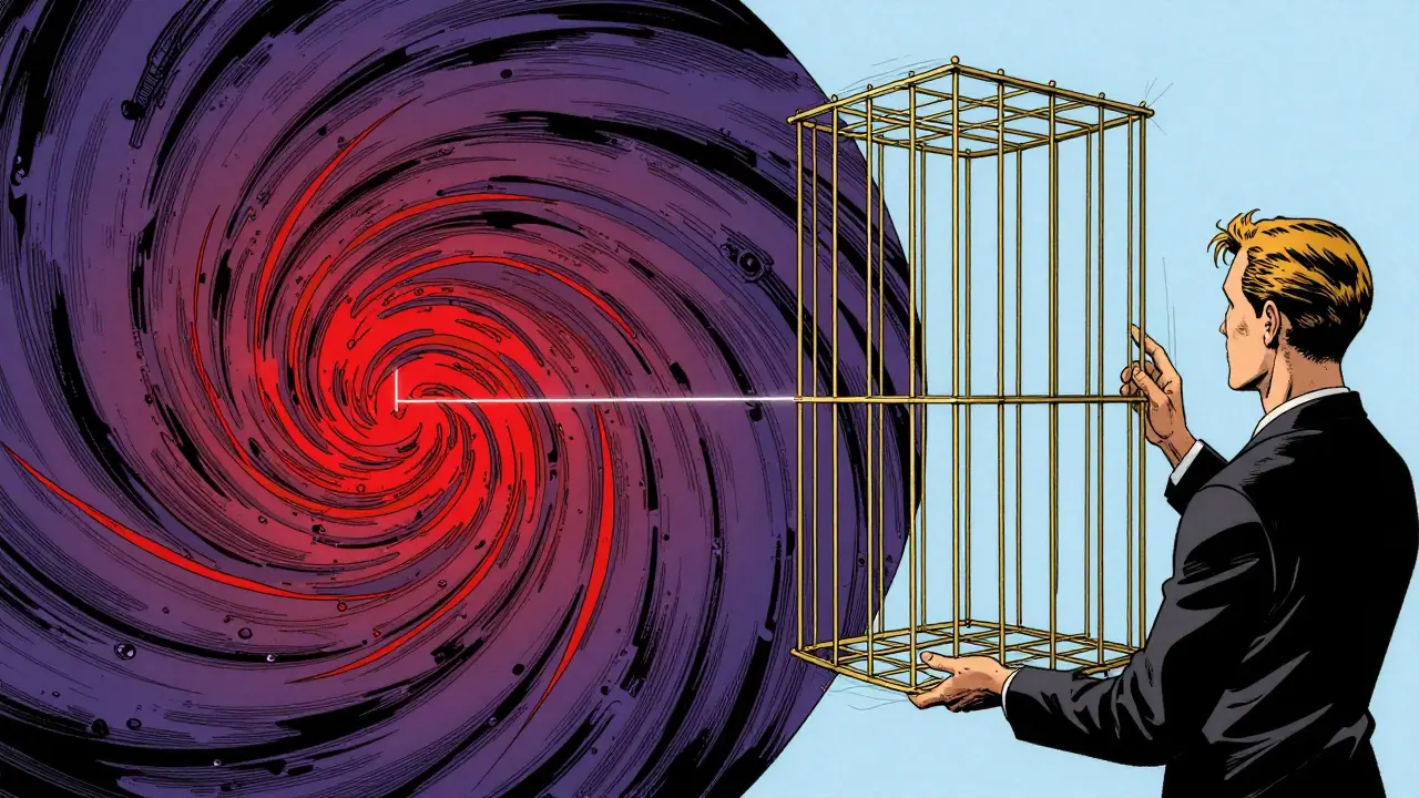 Konceptuální obraz chaosu úzkosti vedle stabilní zlaté mřížky představující terapeutické hranice.