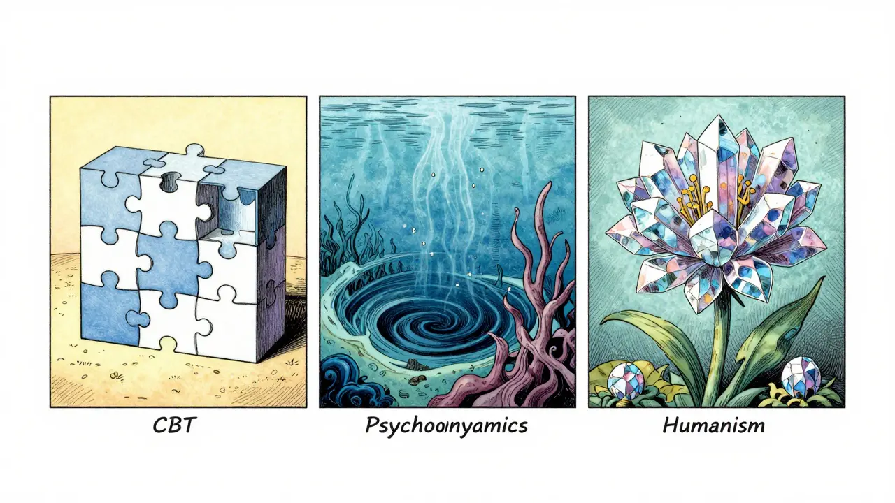 Konceptuální znázornění CBT, psychodynamické a humanistické terapie.
