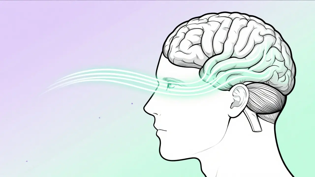 Konceptuální zobrazení bilaterální stimulace mozku pomocí proudů světla v profilech hlavy.