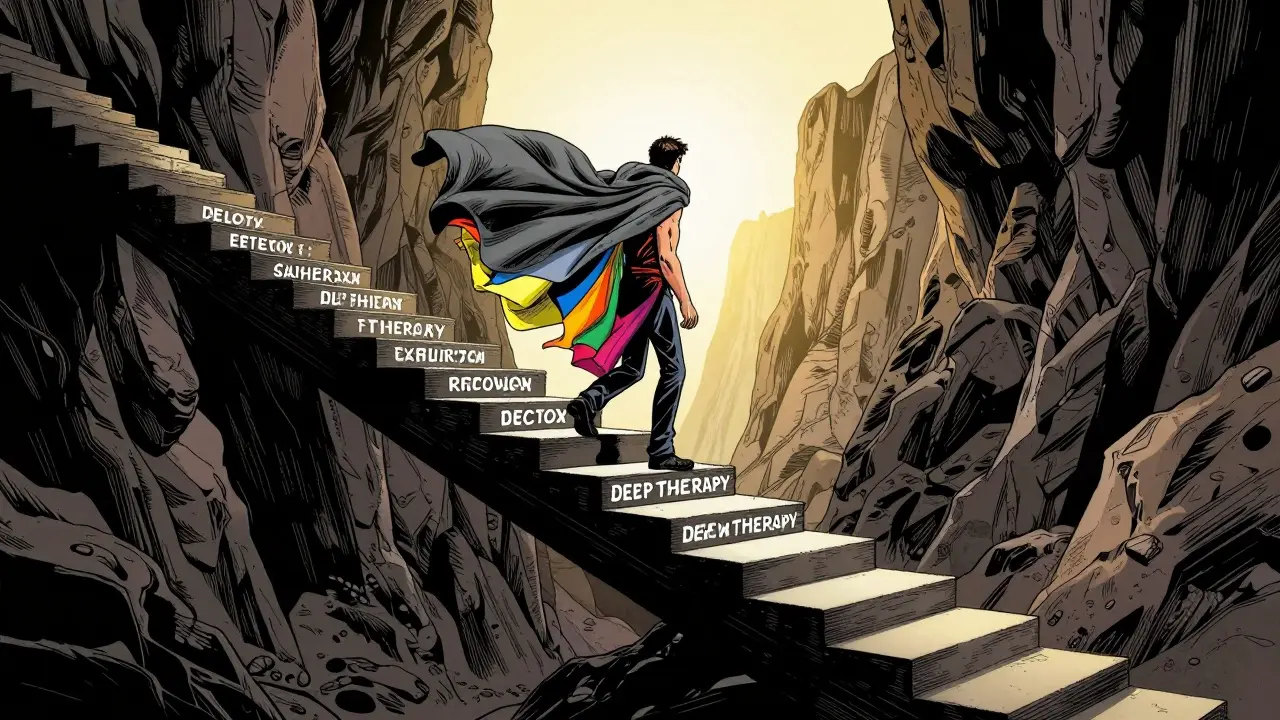 Kresba člověka stoupajícího po schodech k jasnému horizontu.